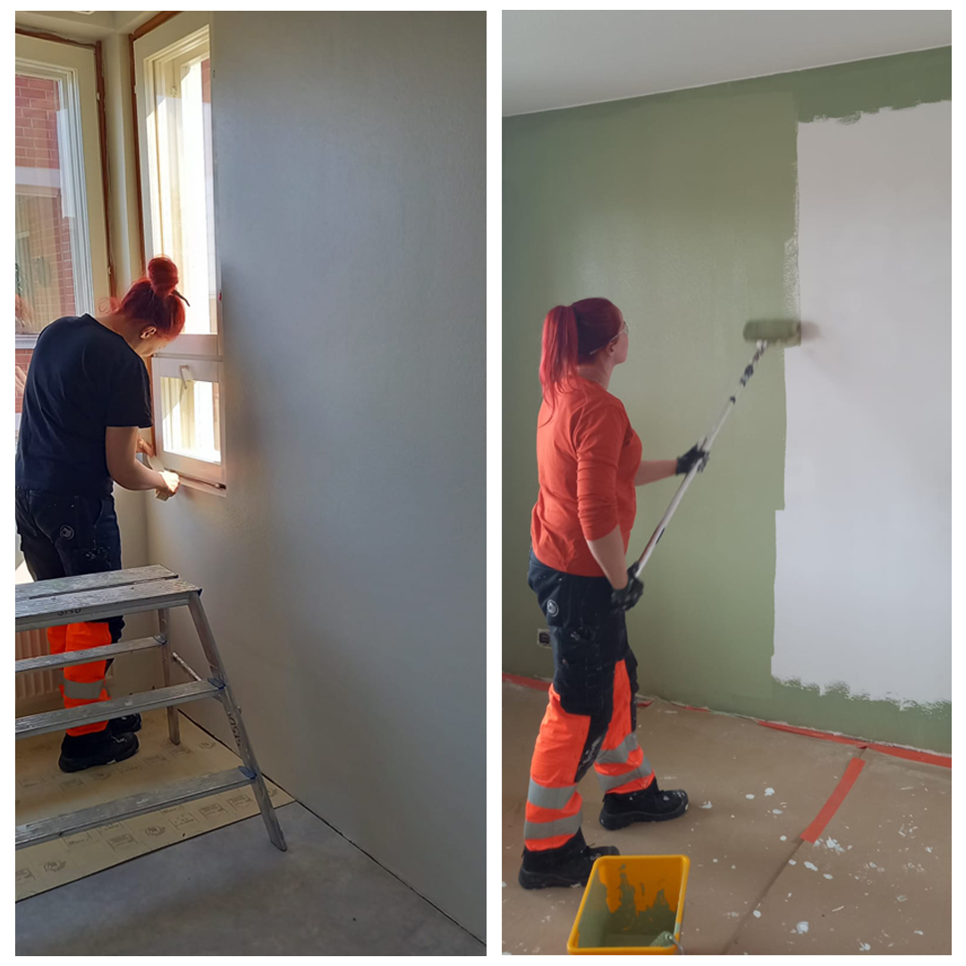 Kahden kuvan kollaasi, jossa toisessa henkilö suojaa maalarinteipillä ikkunanpielet. Toisessa kuvassa henkilö maalaa vihreällä maalilla valkoista seinää.
