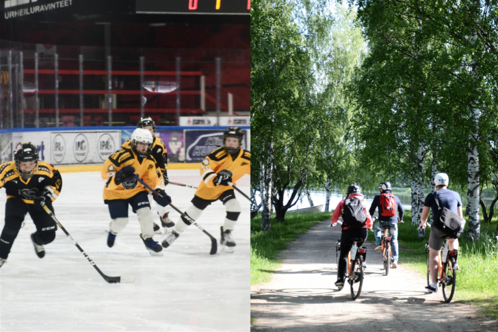 Kahden kuvan kollaasi, jossa toisessa keltamustiin jääkiekkovarusteisiin pukeutuneita juniorikiekkoilijoita. Toisessa kolme henkilöä pyöräilee kesäisellä reitillä.