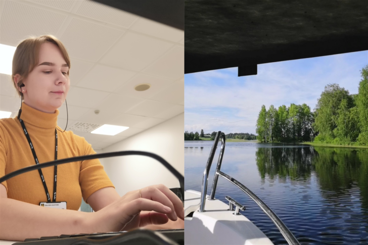 Kahden kuvan kollaasi, jossa kesäviestijä Kirsi tietokoneen ääressä ja veneen keula järvimaisemassa.