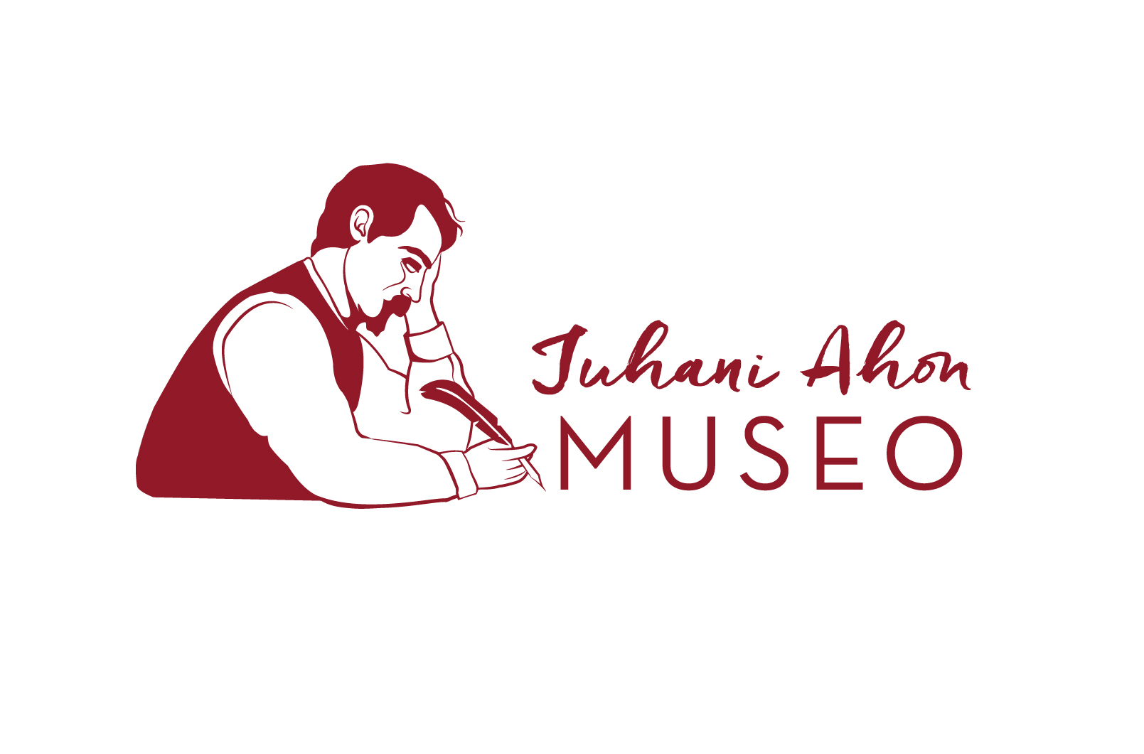 Juhani Ahon museon logo. Piirretty Juhani Aho kirjoittaa sulkakynällä. Logossa lukee Juhani Ahon museo.
