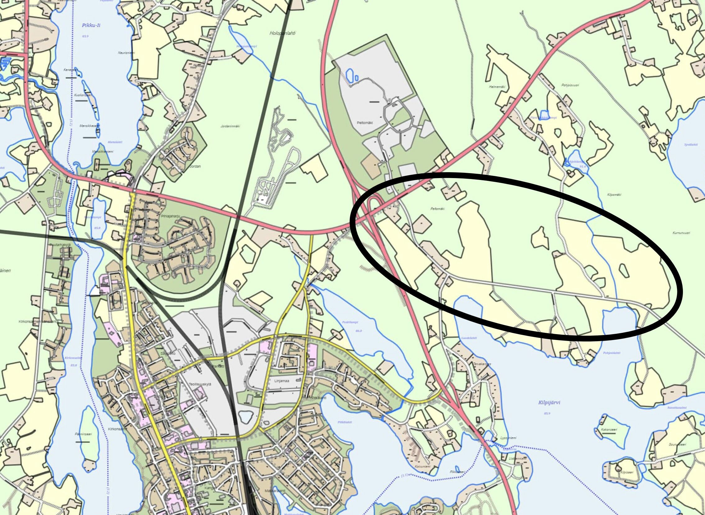 Kartta. Kaavoitettava alue sijaitsee noin 4 kilometriä koilliseen Iisalmen keskustasta.