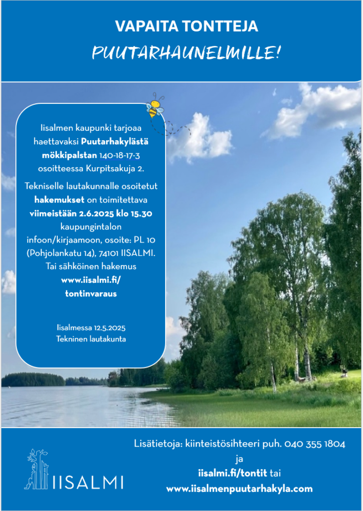 Kuvassa koristeellinen tausta ja lisätietona kuulutus vapaasta mökkipalstasta.