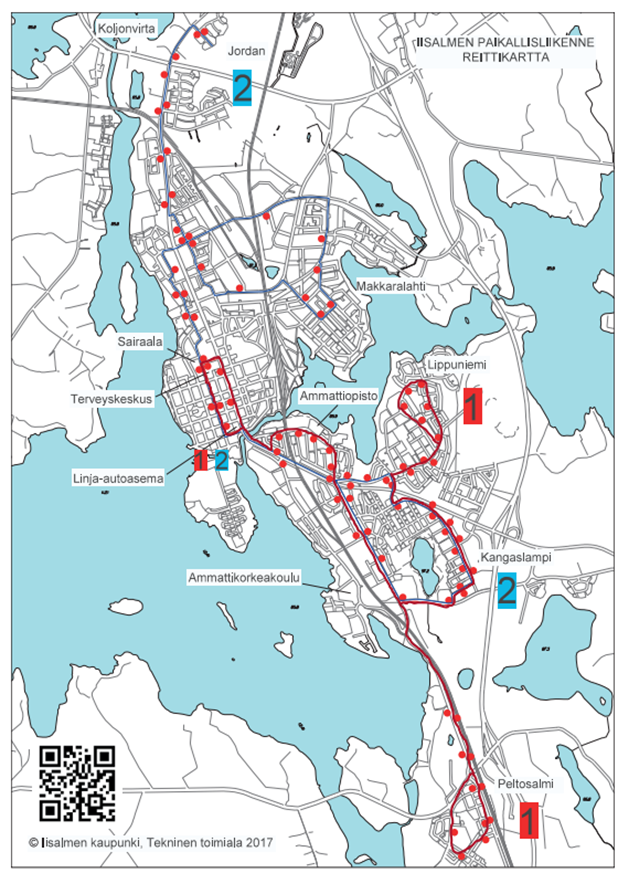Kartta, johon piirretty linjan 1 ja linjan 2 reitit. Reitti 1: Kiviahonkatu-Lippuniementie-Paloisvuorentie-Paloistenkatu-Asevelikatu-Sankarinkatu-Pohjolankatu-Satamakatu-Riistakatu-Terveyskeskus-Meijerikatu-Pohjolankatu-Linja-autoasema-Pohjolankatu-Eteläinen 
Pohjolankatu-Eteläntie-Ulmalantie-Peltosalmentie (koulun 
pysäkki. Reitti 2: Saarnikatu - Linja-autoasema (reitti sama kuin 
aamupäivällä) Satamakatu - Riistakatu - Kirkonsalmentie - Koulutie - 
Pappilantie - Parkatintie - Tervakankaantie - Kilpivirrantie - Kaarikatu 
- Suistamonkatu - Vihtakannankatu - Makkaralahdenkatu - Kilpivirrantie 
- Tiirankatu - Pekankatu - Antinkatu - Koljonvirrantie - Vanha Kainuuntie
- Pohjoiskaar